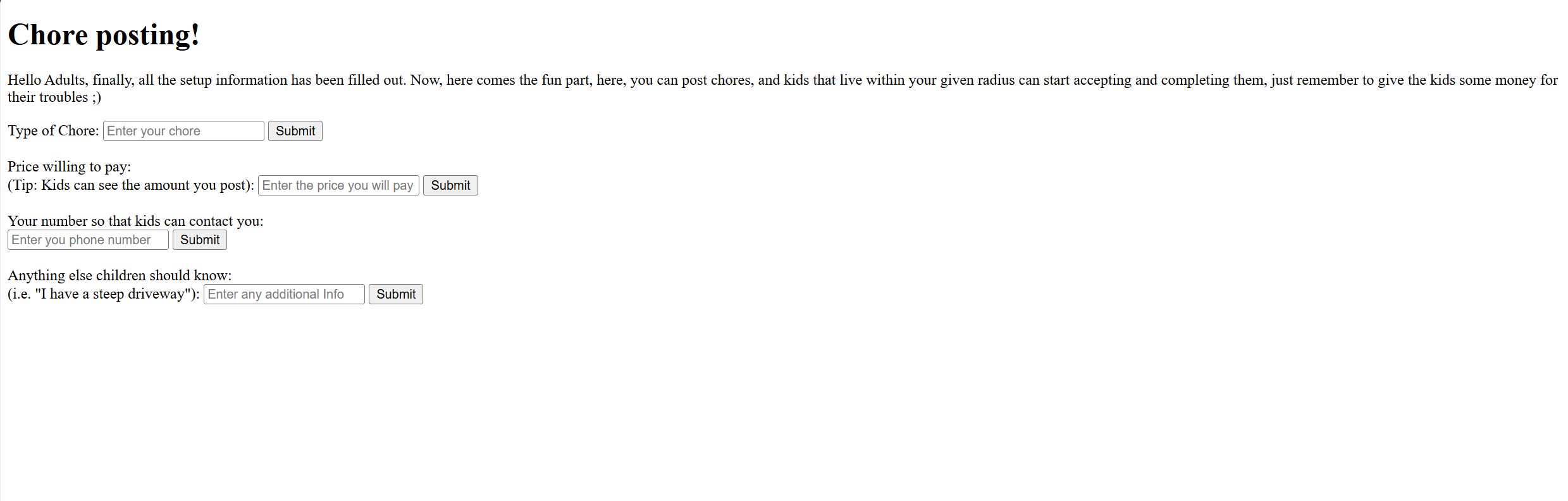 Find a Chore adult chore-posting screen